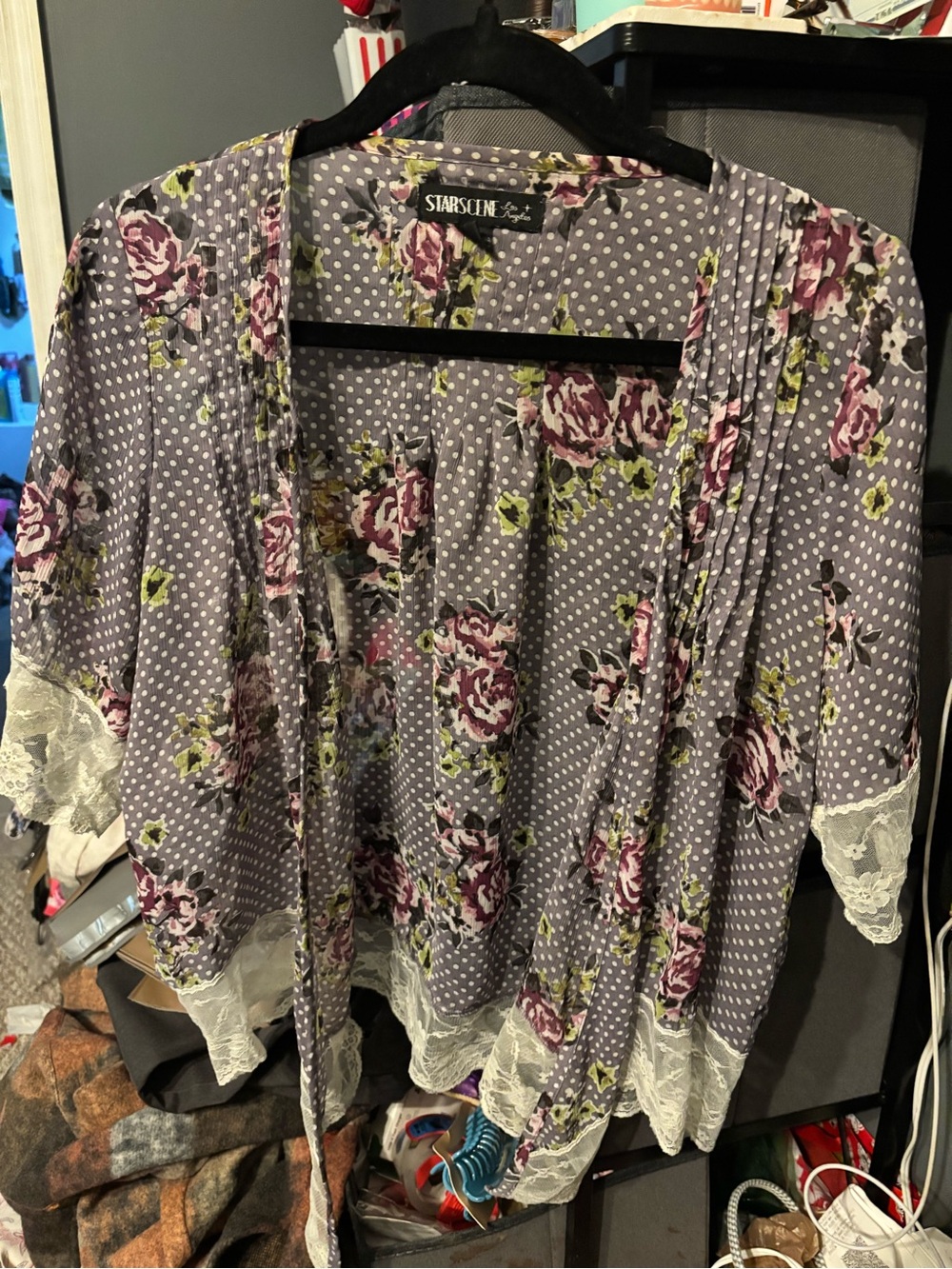 stars above Lavender Floral Polka Dot Lace-Trim Kimono Small